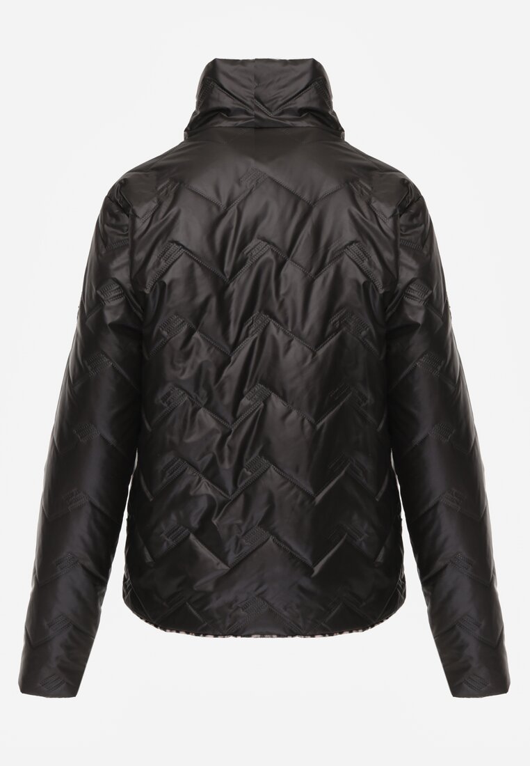 Czarna Pikowana Kurtka Dwustronna z Motywem Panterki i Naszywką Damike