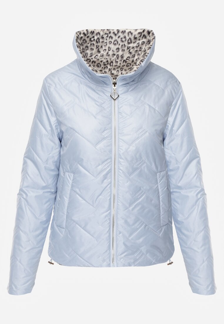 Jasnoniebieska Pikowana Kurtka Dwustronna z Motywem Panterki i Naszywką Damike