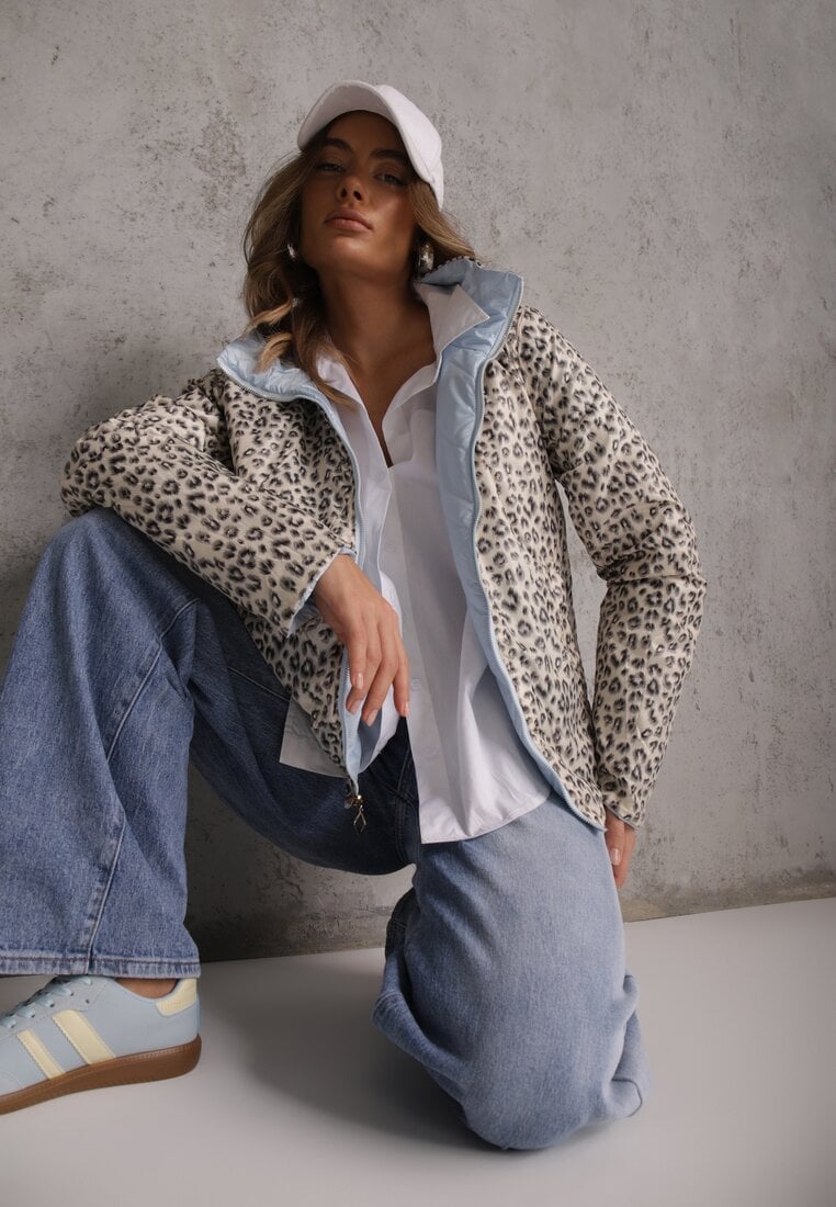 Jasnoniebieska Pikowana Kurtka Dwustronna z Motywem Panterki i Naszywką Damike