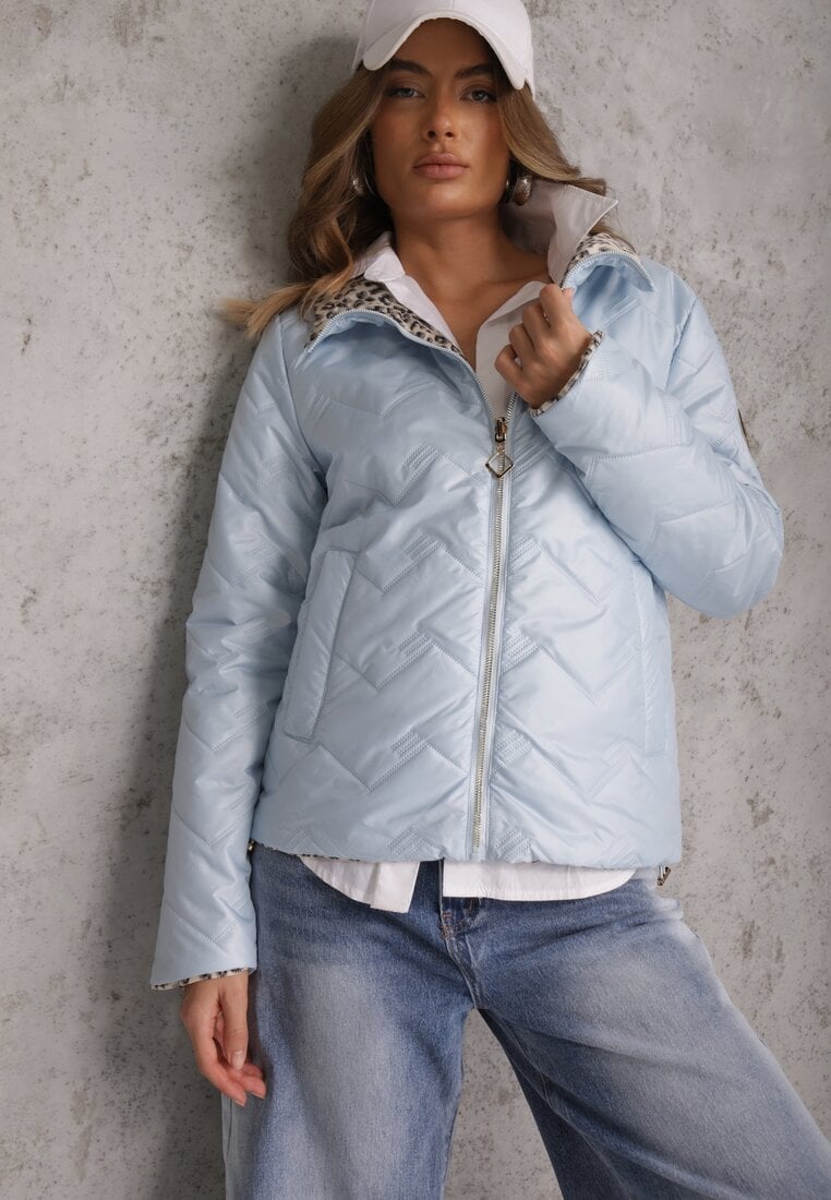 Jasnoniebieska Pikowana Kurtka Dwustronna z Motywem Panterki i Naszywką Damike