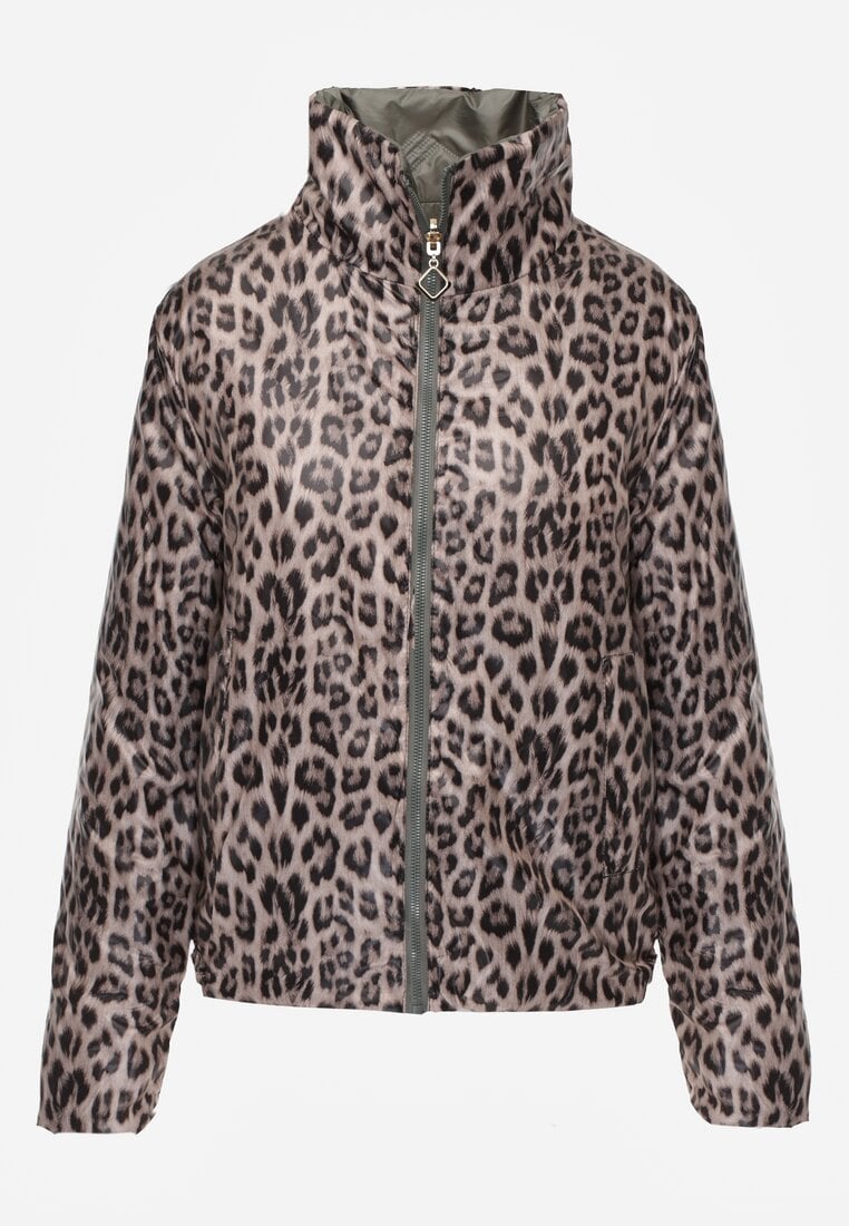 Zielona Pikowana Kurtka Dwustronna z Motywem Panterki i Naszywką Damike