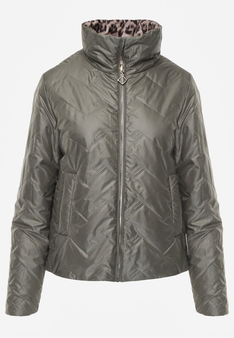 Zielona Pikowana Kurtka Dwustronna z Motywem Panterki i Naszywką Damike