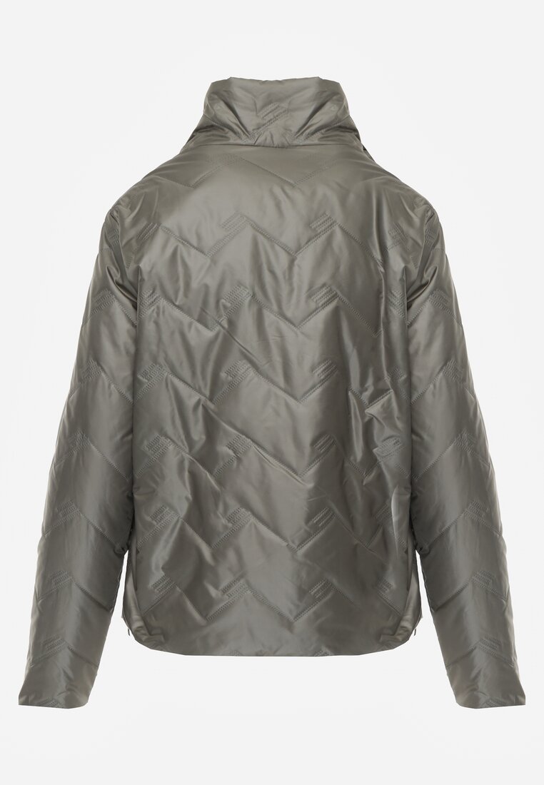 Zielona Pikowana Kurtka Dwustronna z Motywem Panterki i Naszywką Damike