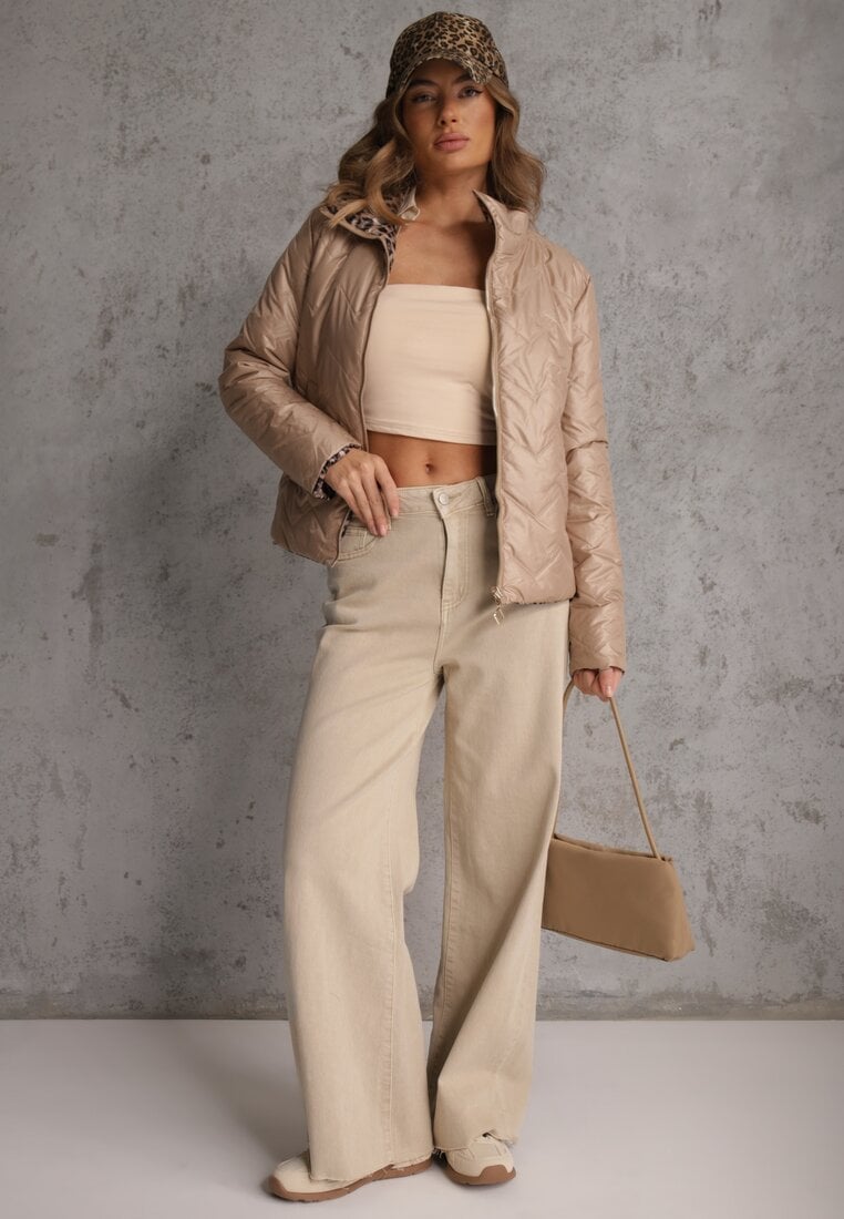 Ciemnobeżowa Pikowana Kurtka Dwustronna z Motywem Panterki i Naszywką Damike