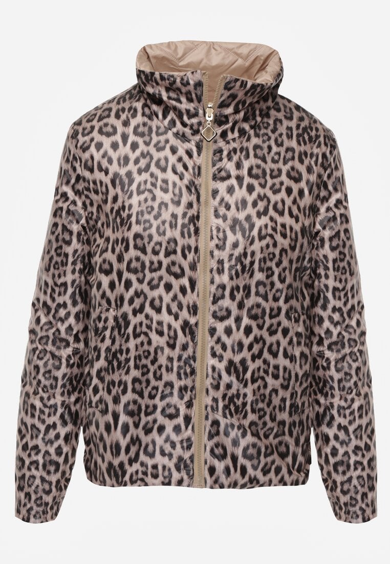 Ciemnobeżowa Pikowana Kurtka Dwustronna z Motywem Panterki i Naszywką Damike