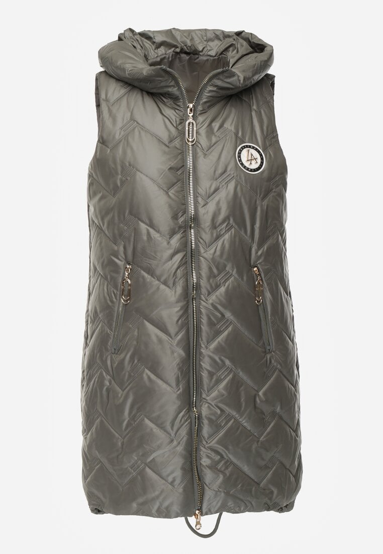 Zielona Długa Pikowana Kamizelka z Kapturem i Ozdobną Naszywką Mentape