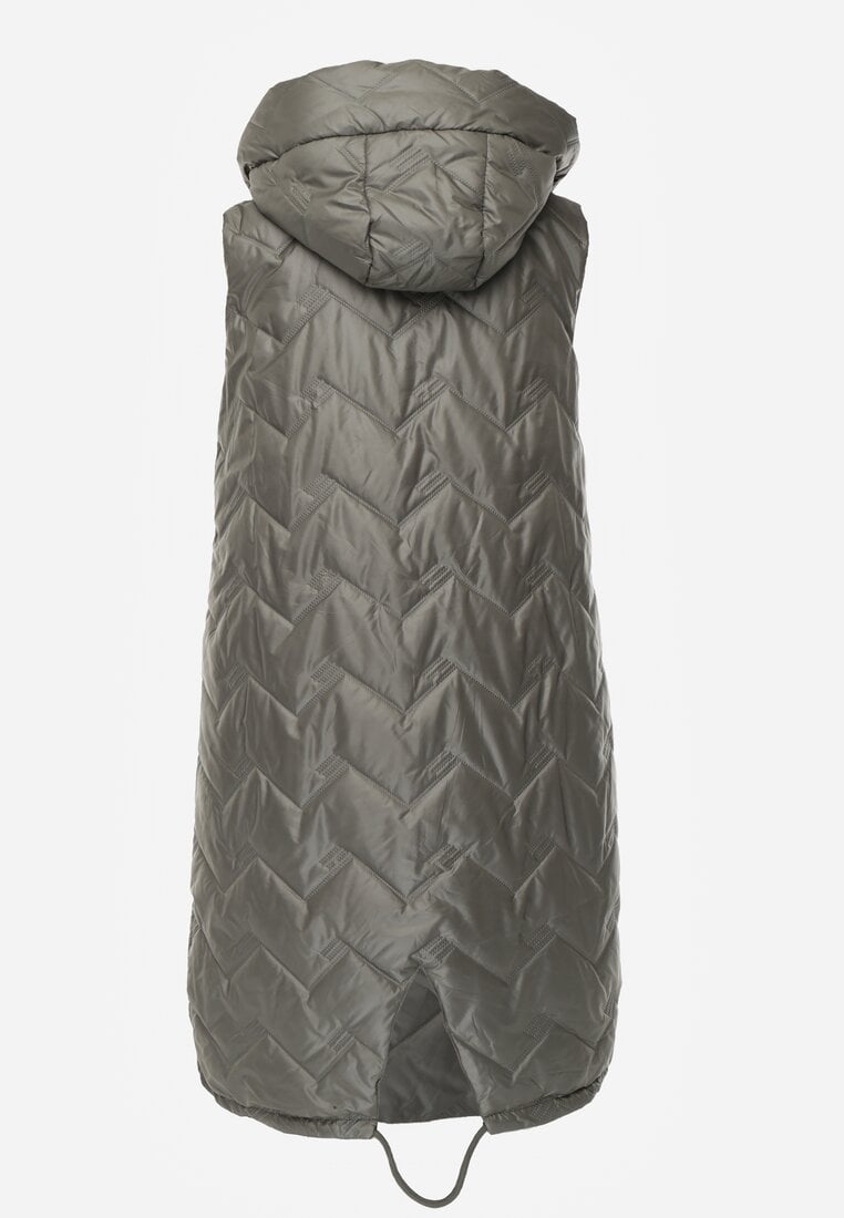 Zielona Długa Pikowana Kamizelka z Kapturem i Ozdobną Naszywką Mentape