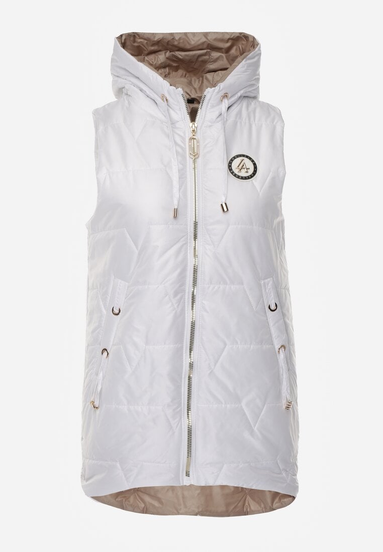 Biała Długa Kamizelka Pikowana z Nieodpinanym Kapturem Ozdobiona Naszywką Kasseda