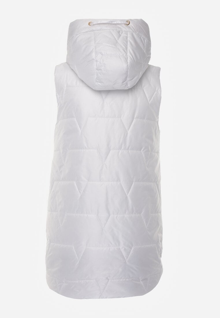 Biała Długa Kamizelka Pikowana z Nieodpinanym Kapturem Ozdobiona Naszywką Kasseda