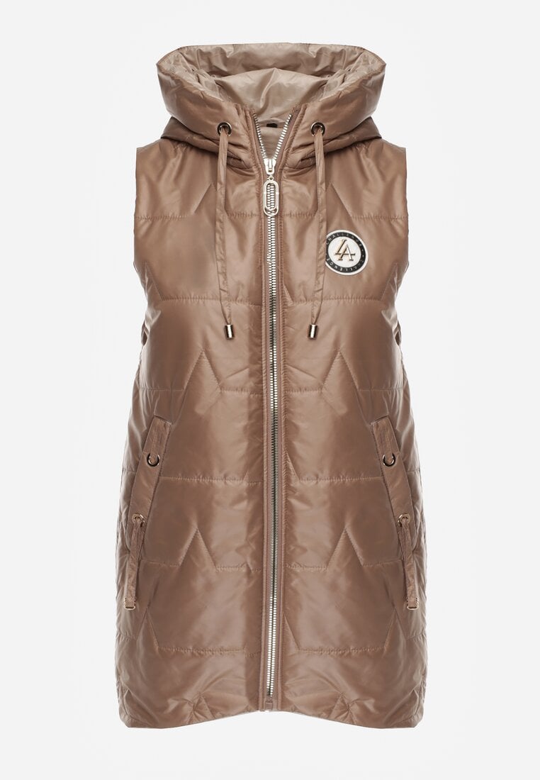 Szampańska Długa Kamizelka Pikowana z Nieodpinanym Kapturem Ozdobiona Naszywką Kasseda