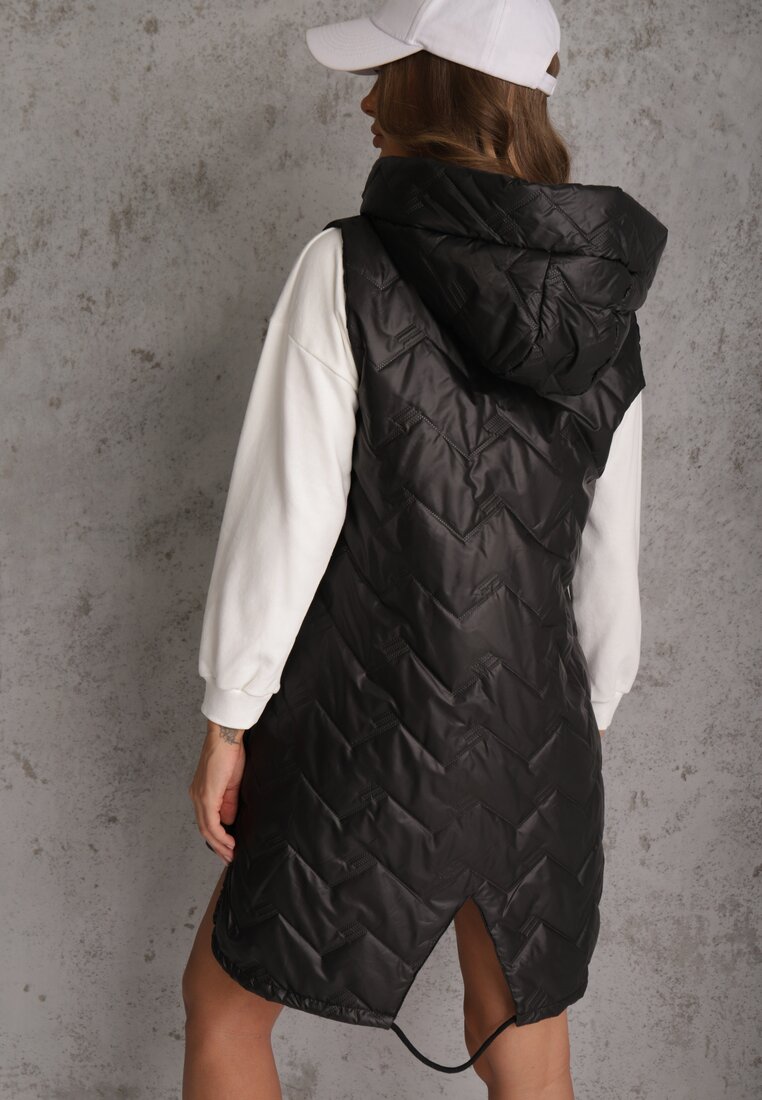 Czarna Długa Kamizelka Pikowana z Nieodpinanym Kapturem Semaea