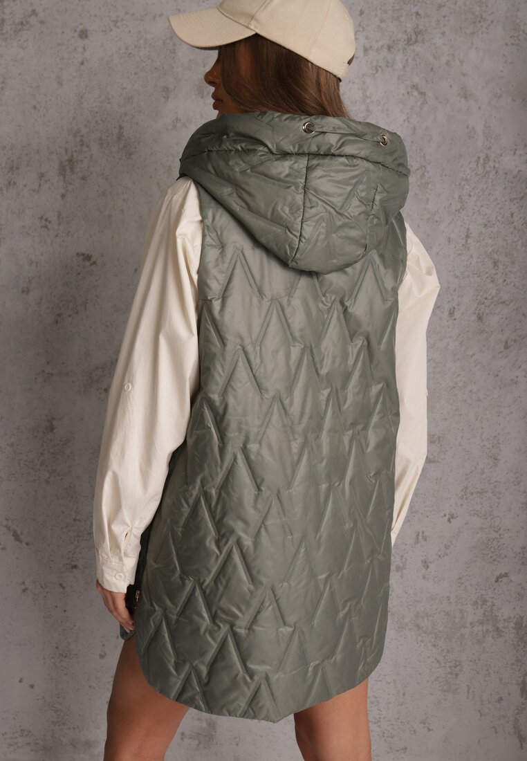 Zielona Długa Kamizelka Pikowana z Nieodpinanym Kapturem Semaea