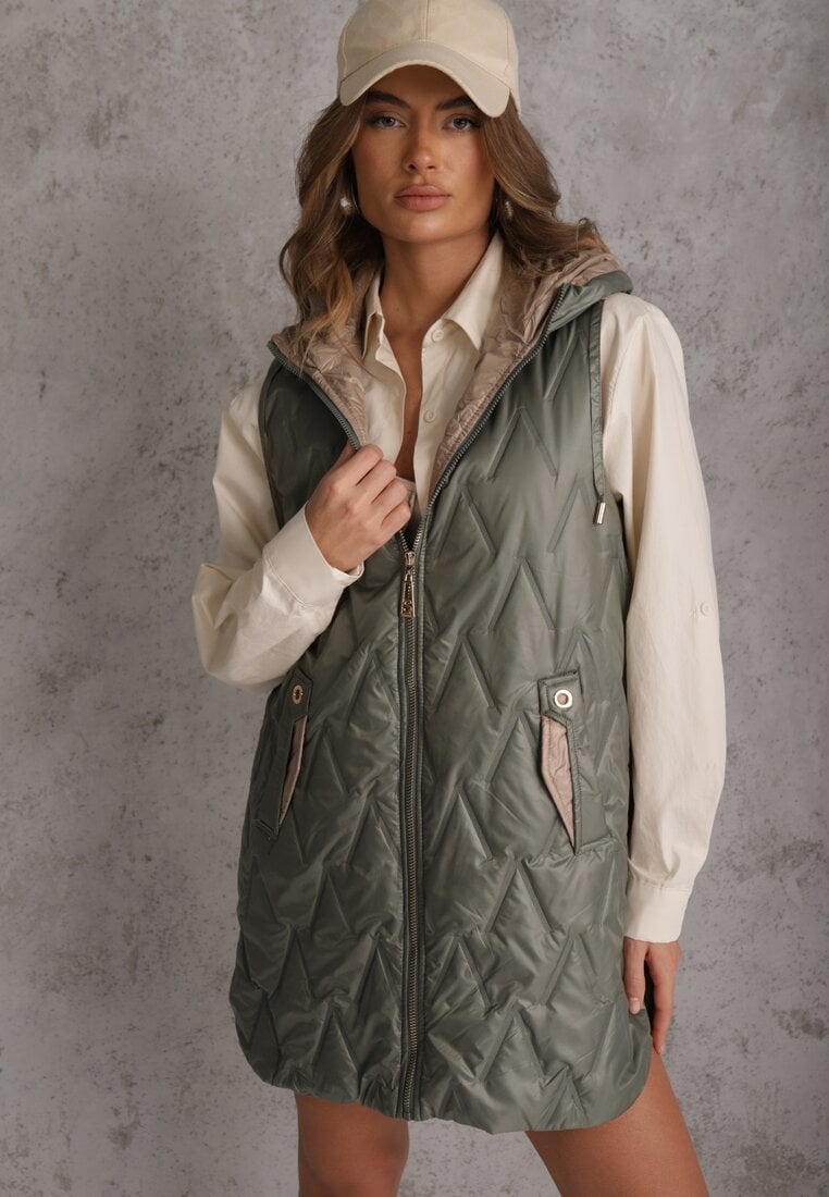 Zielona Długa Kamizelka Pikowana z Nieodpinanym Kapturem Semaea