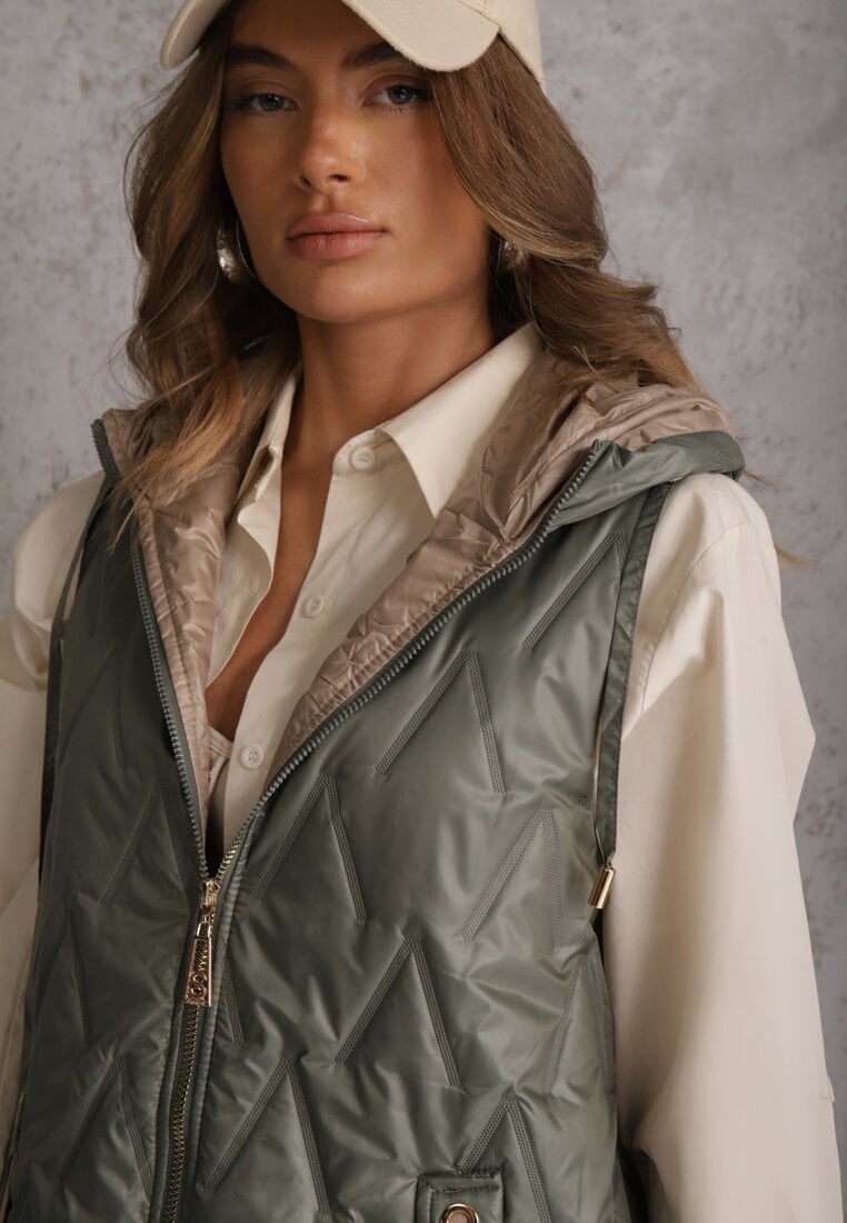 Zielona Długa Kamizelka Pikowana z Nieodpinanym Kapturem Semaea