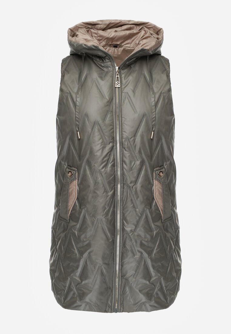 Zielona Długa Kamizelka Pikowana z Nieodpinanym Kapturem Semaea