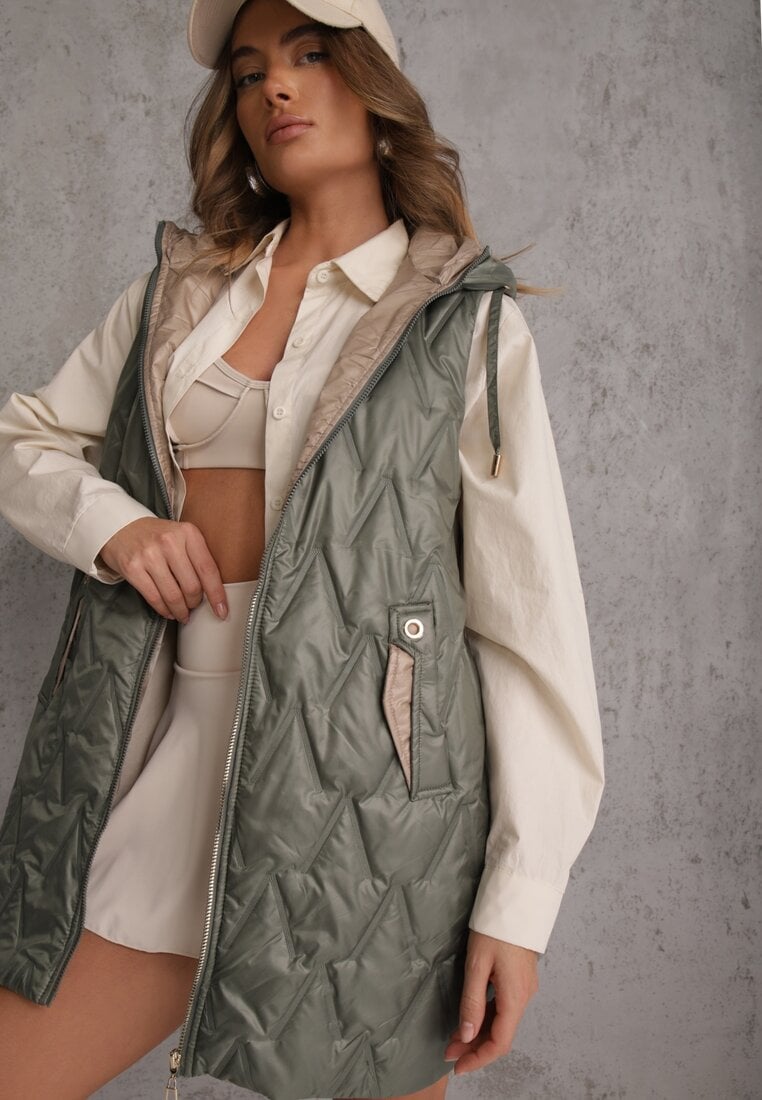 Zielona Długa Kamizelka Pikowana z Nieodpinanym Kapturem Semaea