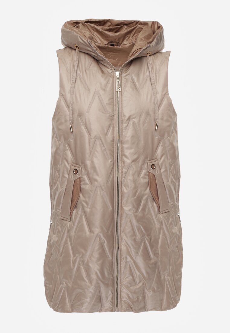 Brązowa Długa Kamizelka Pikowana z Nieodpinanym Kapturem Semaea