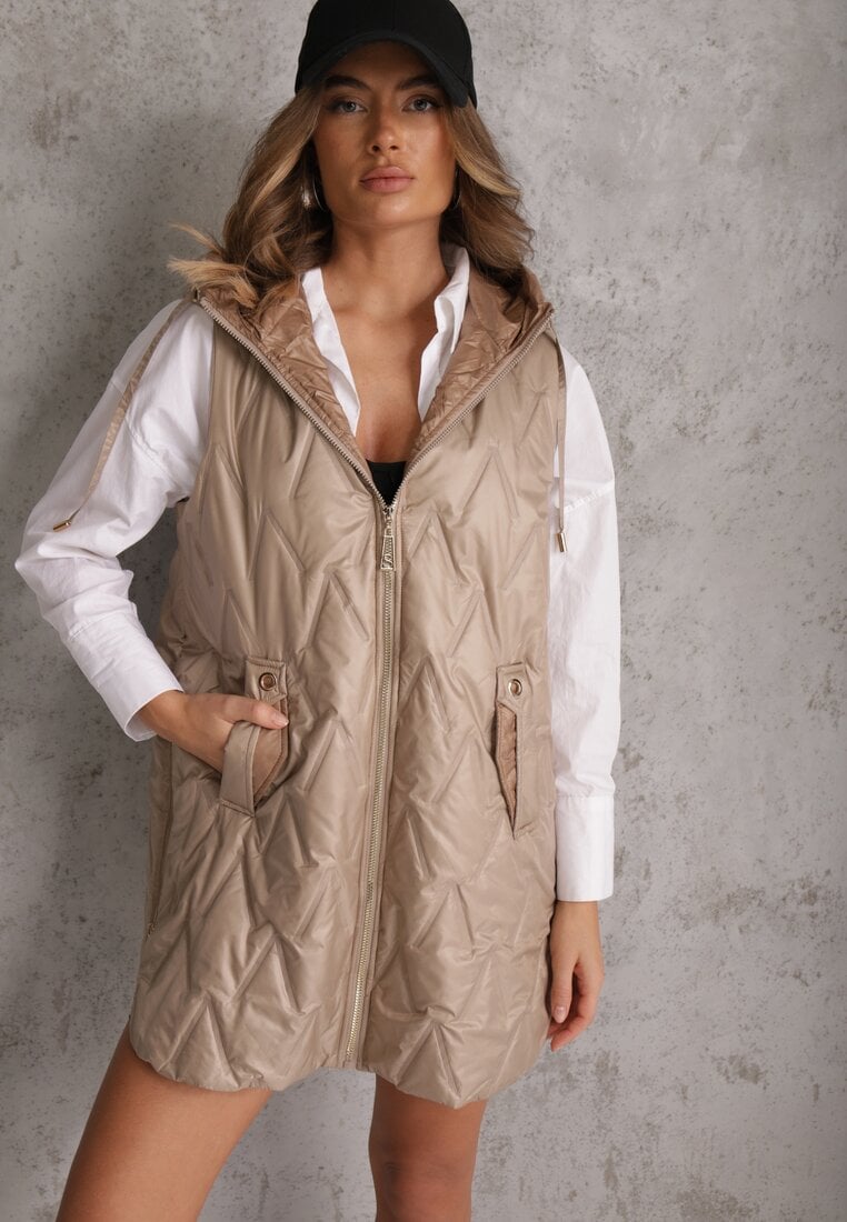 Brązowa Długa Kamizelka Pikowana z Nieodpinanym Kapturem Semaea