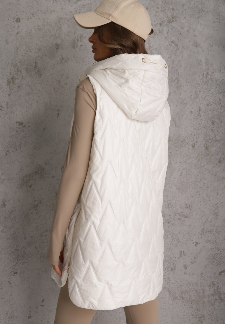 Biała Długa Kamizelka Pikowana z Nieodpinanym Kapturem Semaea