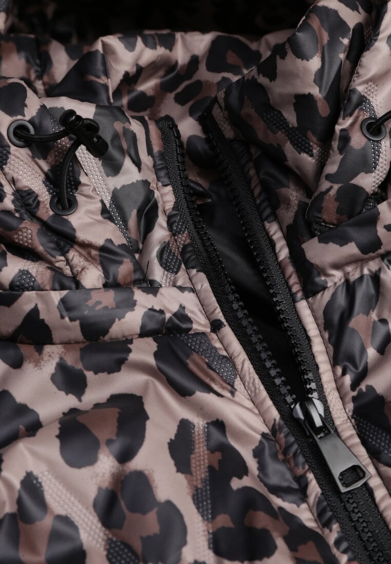 Ciemnobeżowa Panterkowa Kurtka z Odpinanym Kapturem Anastaera