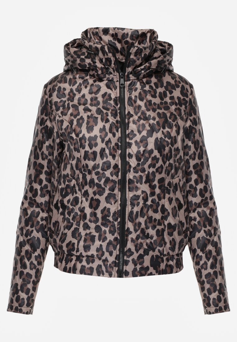 Ciemnobeżowa Panterkowa Kurtka z Odpinanym Kapturem Anastaera