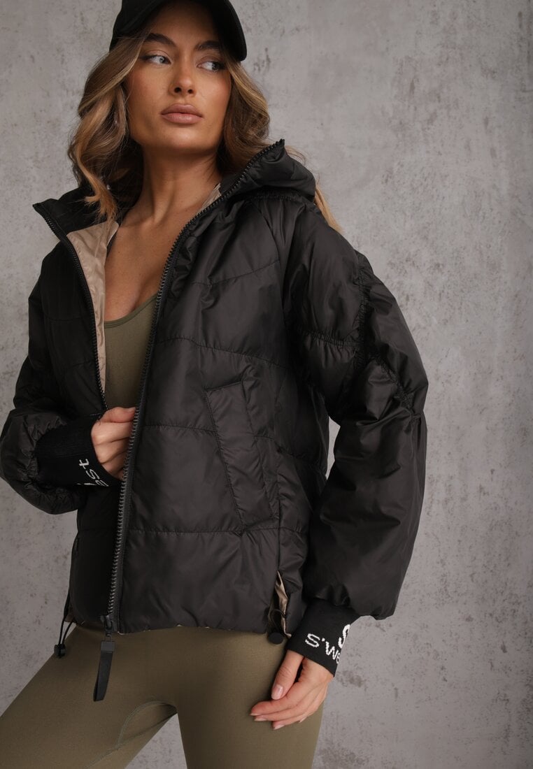 Czarna Pikowana Kurtka Puffer z Kapturem Ozdobiona Napisami Orellana