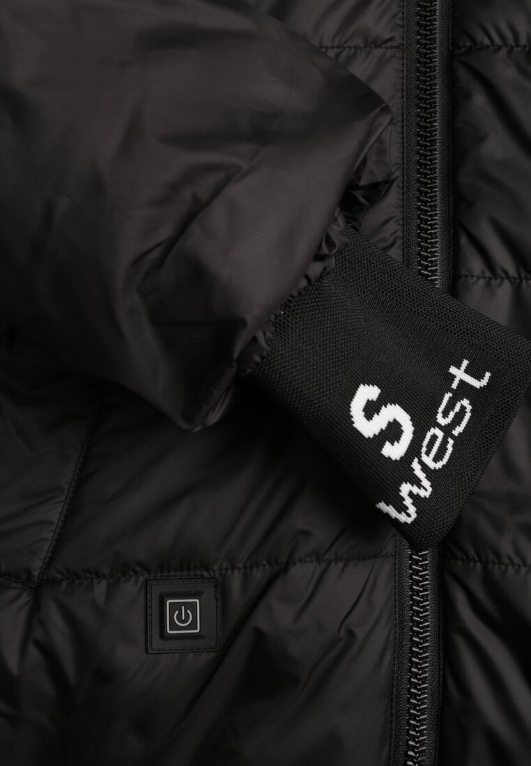 Czarna Pikowana Kurtka Puffer z Kapturem Ozdobiona Napisami Orellana