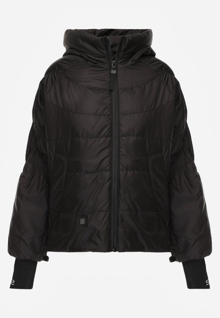 Czarna Pikowana Kurtka Puffer z Kapturem Ozdobiona Napisami Orellana