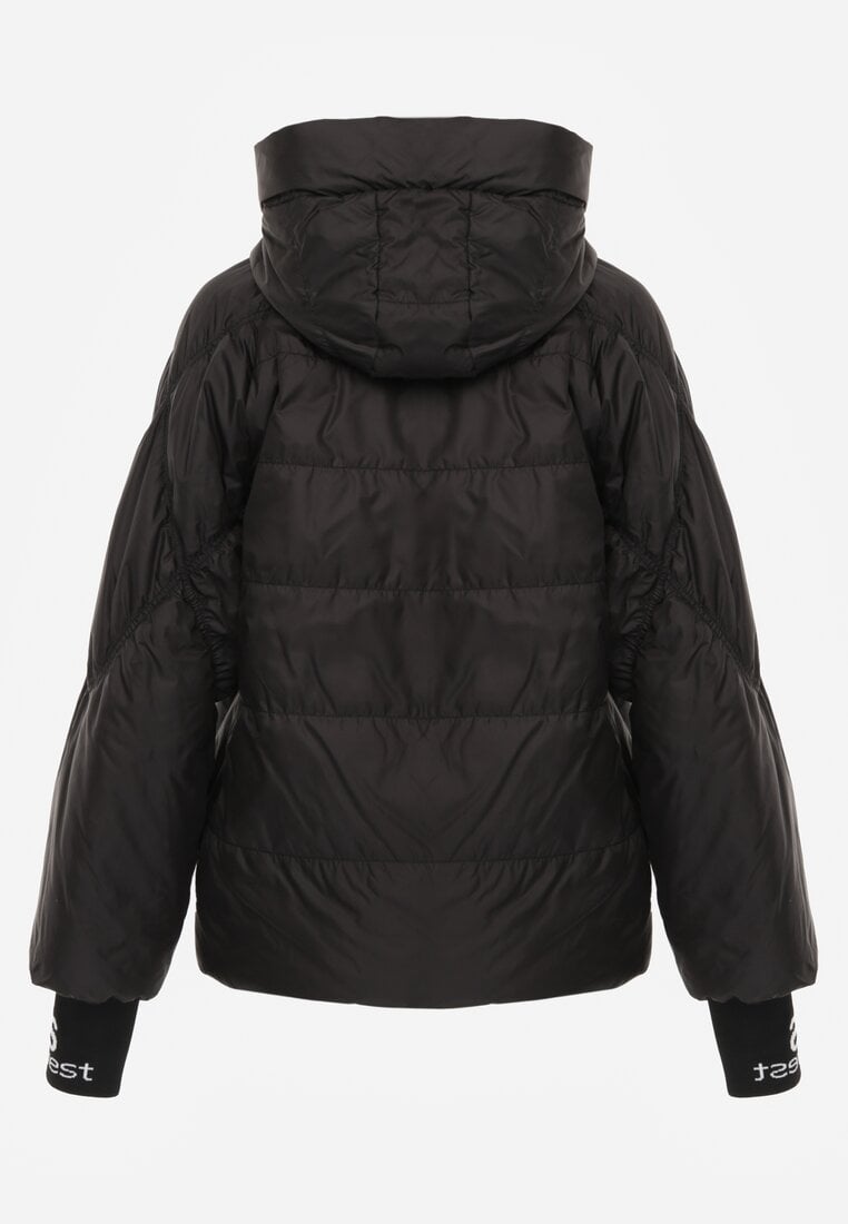 Czarna Pikowana Kurtka Puffer z Kapturem Ozdobiona Napisami Orellana