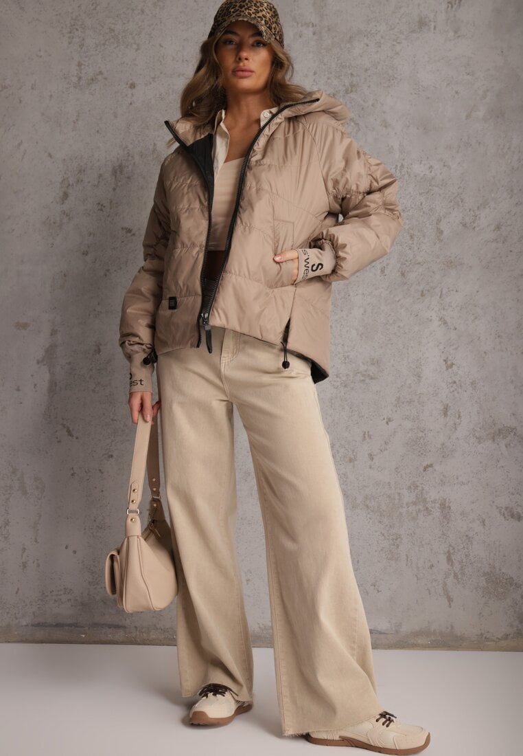 Ciemnobeżowa Pikowana Kurtka Puffer z Kapturem Ozdobiona Napisami Orellana