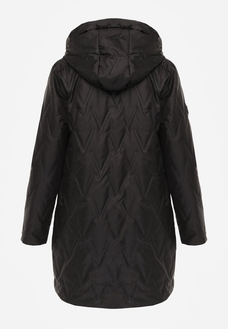Czarna Długa Kurtka Parka Pikowana z Kapturem Ozdobiona Aplikacją Rossea