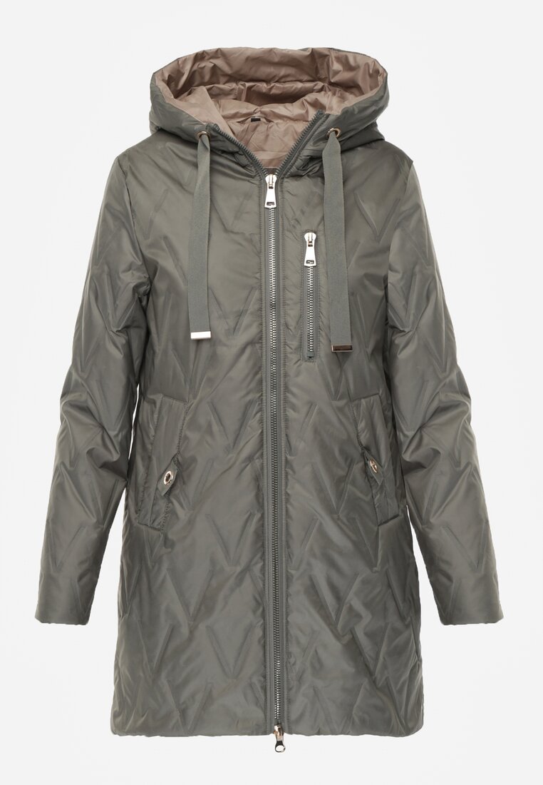 Zielona Długa Kurtka Parka Pikowana z Kapturem Ozdobiona Aplikacją Rossea