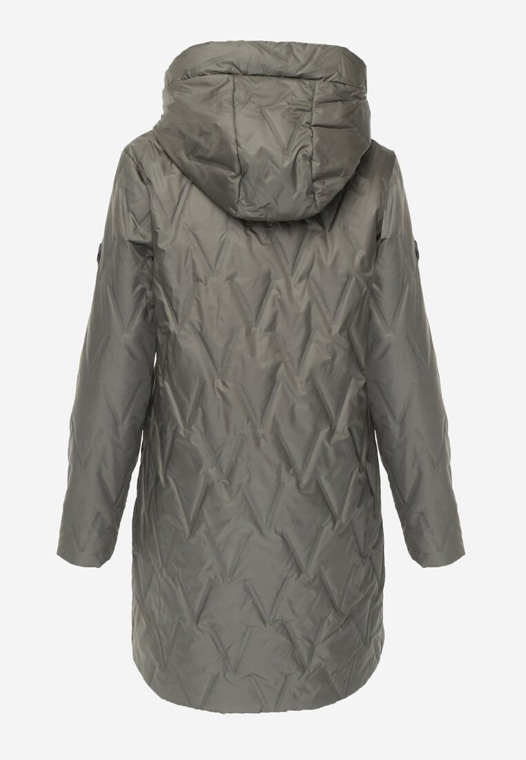 Zielona Długa Kurtka Parka Pikowana z Kapturem Ozdobiona Aplikacją Rossea