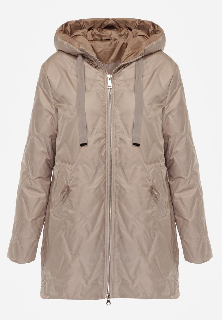 Brązowa Długa Kurtka Parka Pikowana z Kapturem Ozdobiona Aplikacją Rossea
