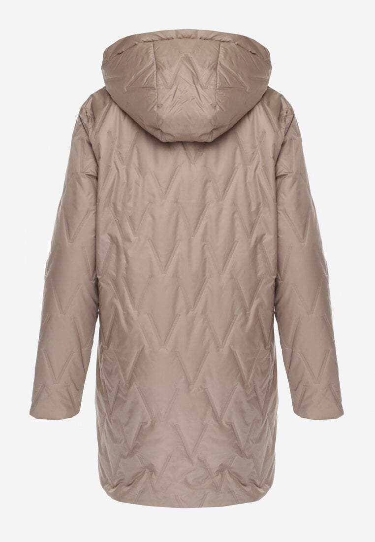 Brązowa Długa Kurtka Parka Pikowana z Kapturem Ozdobiona Aplikacją Rossea