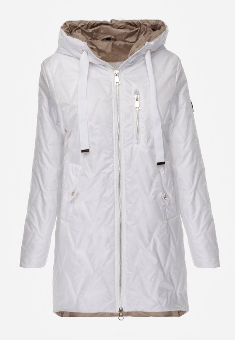 Biała Długa Kurtka Parka Pikowana z Kapturem Ozdobiona Aplikacją Rossea