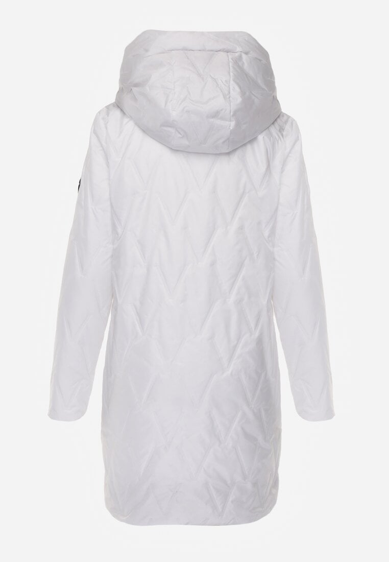 Biała Długa Kurtka Parka Pikowana z Kapturem Ozdobiona Aplikacją Rossea