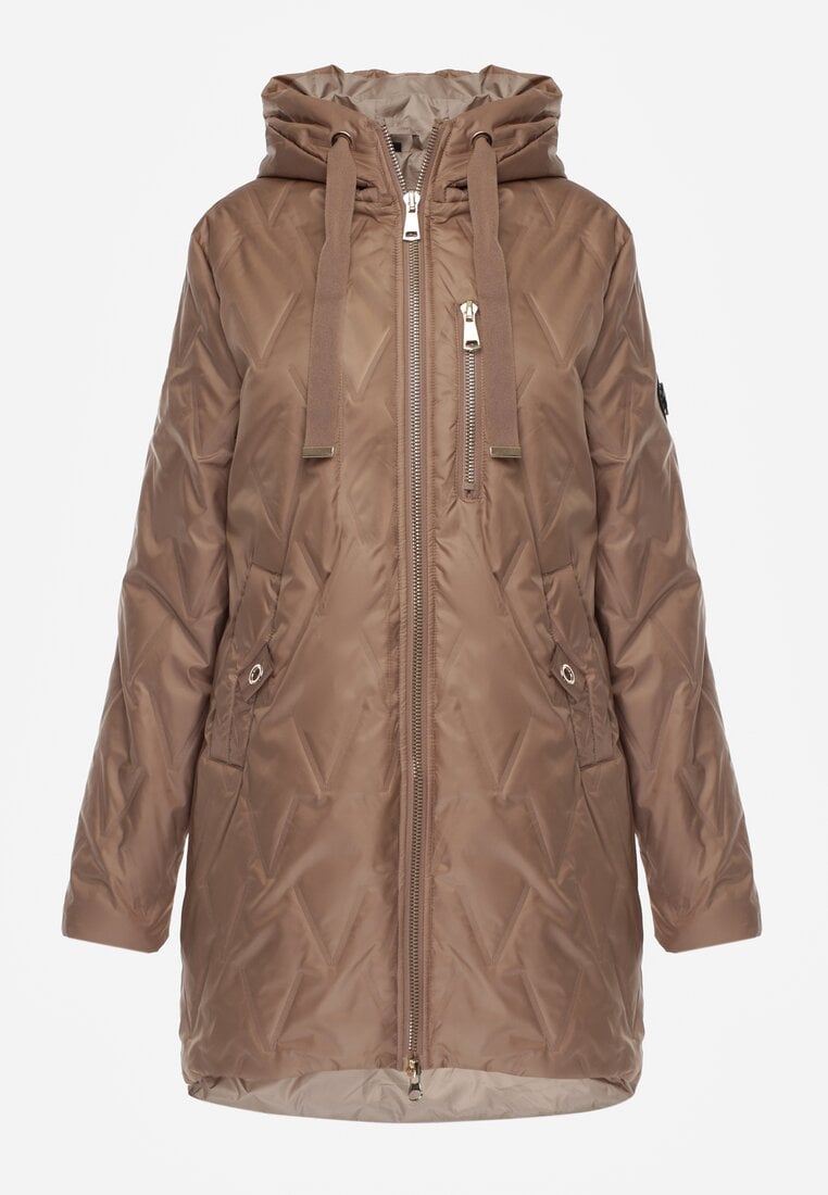 Szampańska Długa Kurtka Parka Pikowana z Kapturem Ozdobiona Aplikacją Rossea