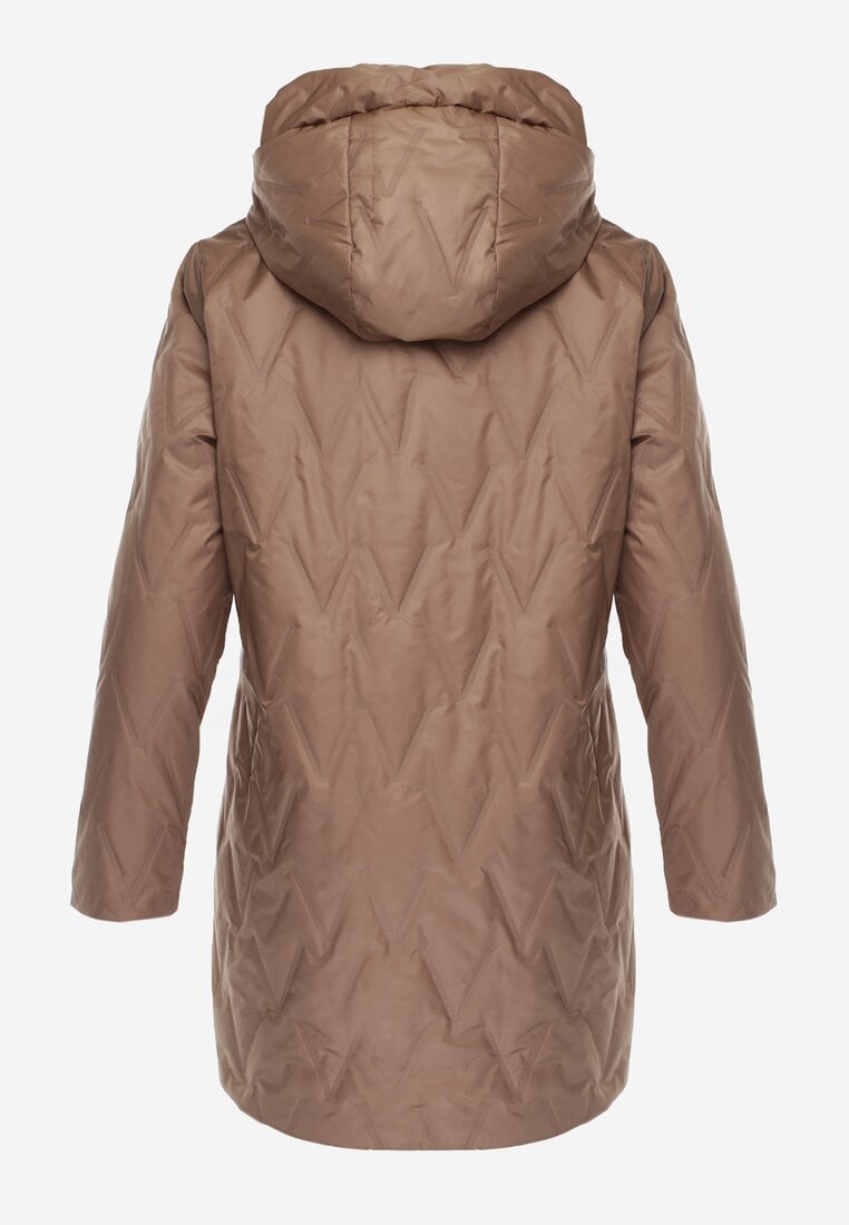 Szampańska Długa Kurtka Parka Pikowana z Kapturem Ozdobiona Aplikacją Rossea