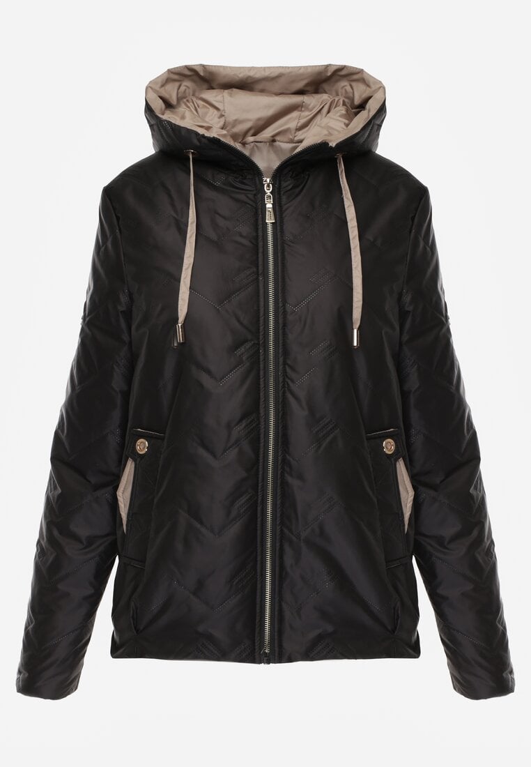 Czarna Kurtka Przejściowa z Pikowanymi Przeszyciami Kieszeniami i Kapturem Fliphe
