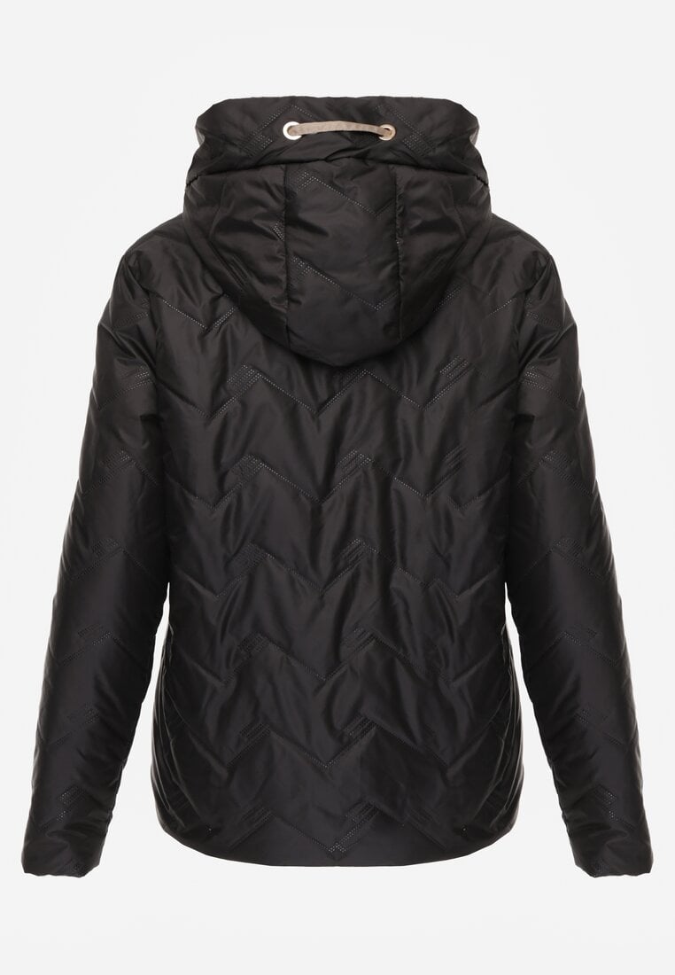 Czarna Kurtka Przejściowa z Pikowanymi Przeszyciami Kieszeniami i Kapturem Fliphe