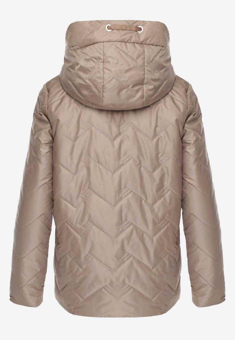 Brązowa Kurtka Przejściowa z Pikowanymi Przeszyciami Kieszeniami i Kapturem Fliphe