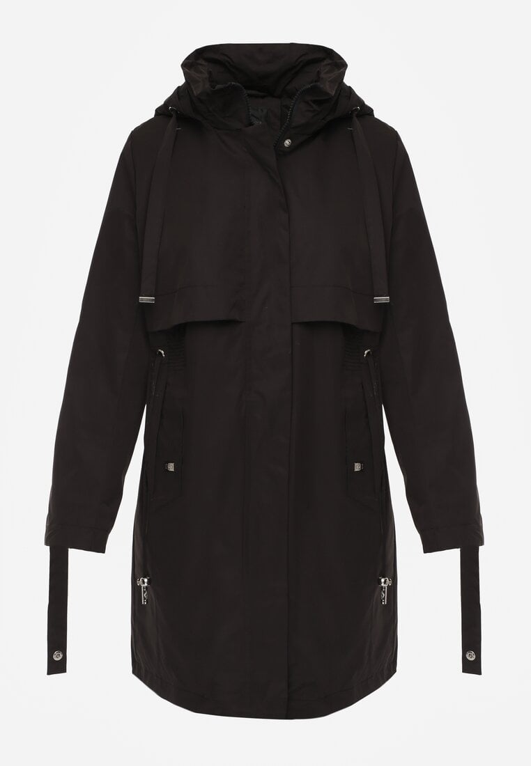 Czarna Kurtka Przejściowa Typu Parka z Odpinanym Kapturem Ozdobiona Sznurkami Fallaiah