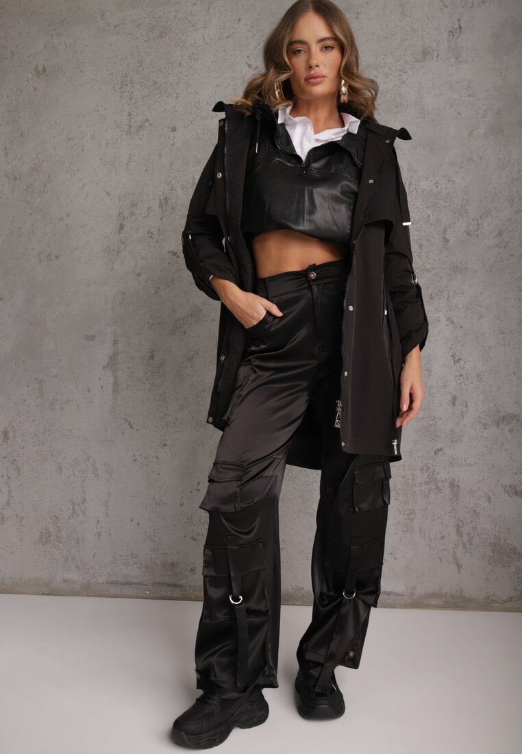 Czarna Kurtka Przejściowa Typu Parka z Odpinanym Kapturem Ozdobiona Sznurkami Fallaiah