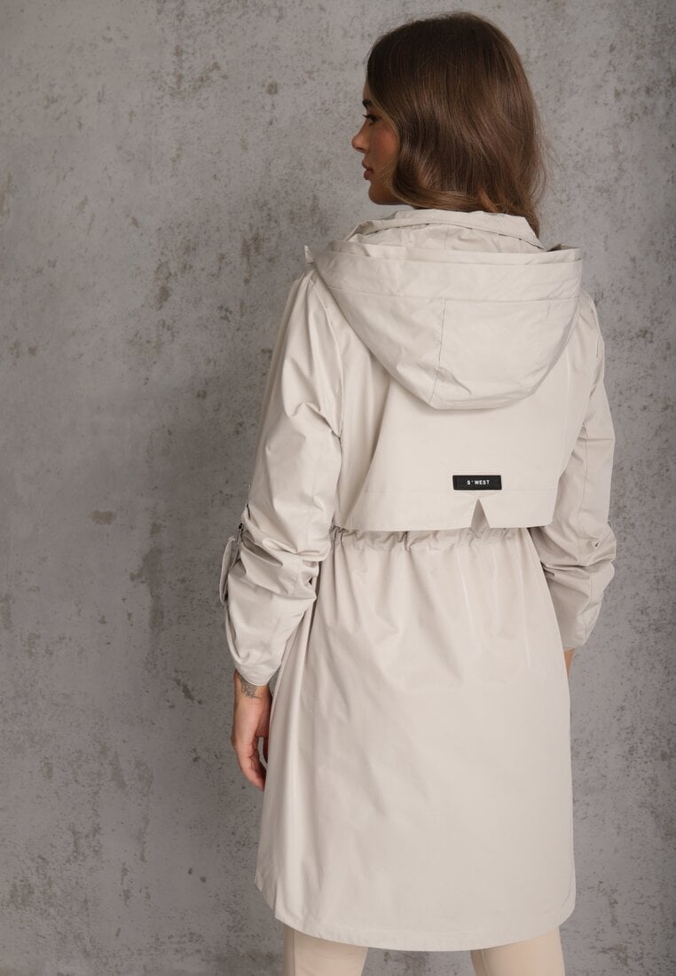 Beżowa Kurtka Przejściowa Typu Parka z Odpinanym Kapturem Ozdobiona Sznurkami Fallaiah