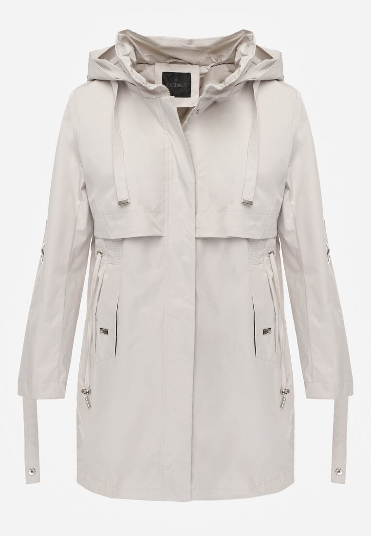 Beżowa Kurtka Przejściowa Typu Parka z Odpinanym Kapturem Ozdobiona Sznurkami Fallaiah