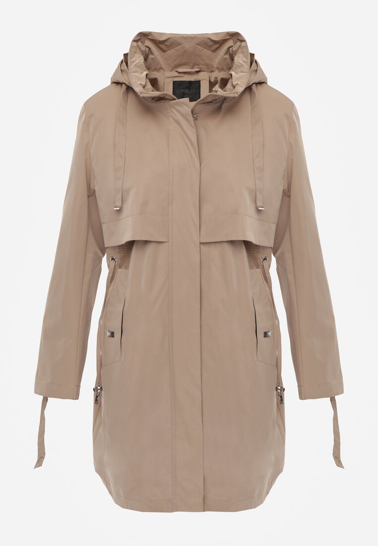 Brązowa Kurtka Przejściowa Typu Parka z Odpinanym Kapturem Ozdobiona Sznurkami Fallaiah