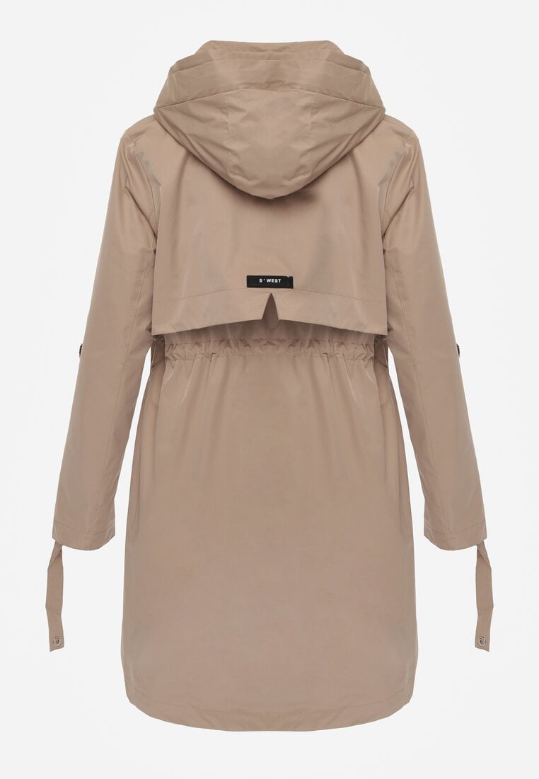 Brązowa Kurtka Przejściowa Typu Parka z Odpinanym Kapturem Ozdobiona Sznurkami Fallaiah