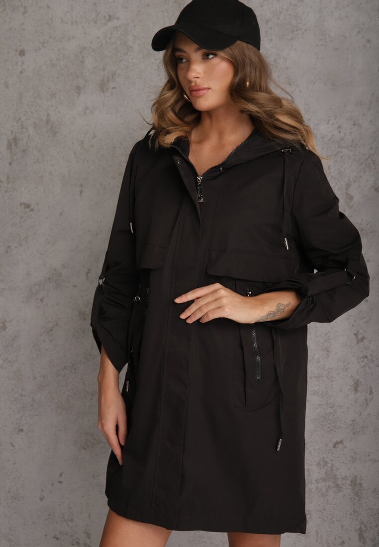Czarna Przejściowa Kurtka Parka z Rękawami z Możliwością Podpięcia Tinarae
