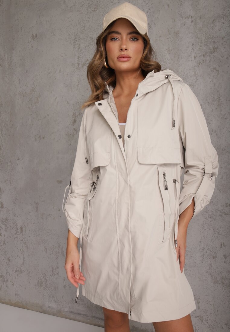 Beżowa Przejściowa Kurtka Parka z Rękawami z Możliwością Podpięcia Tinarae